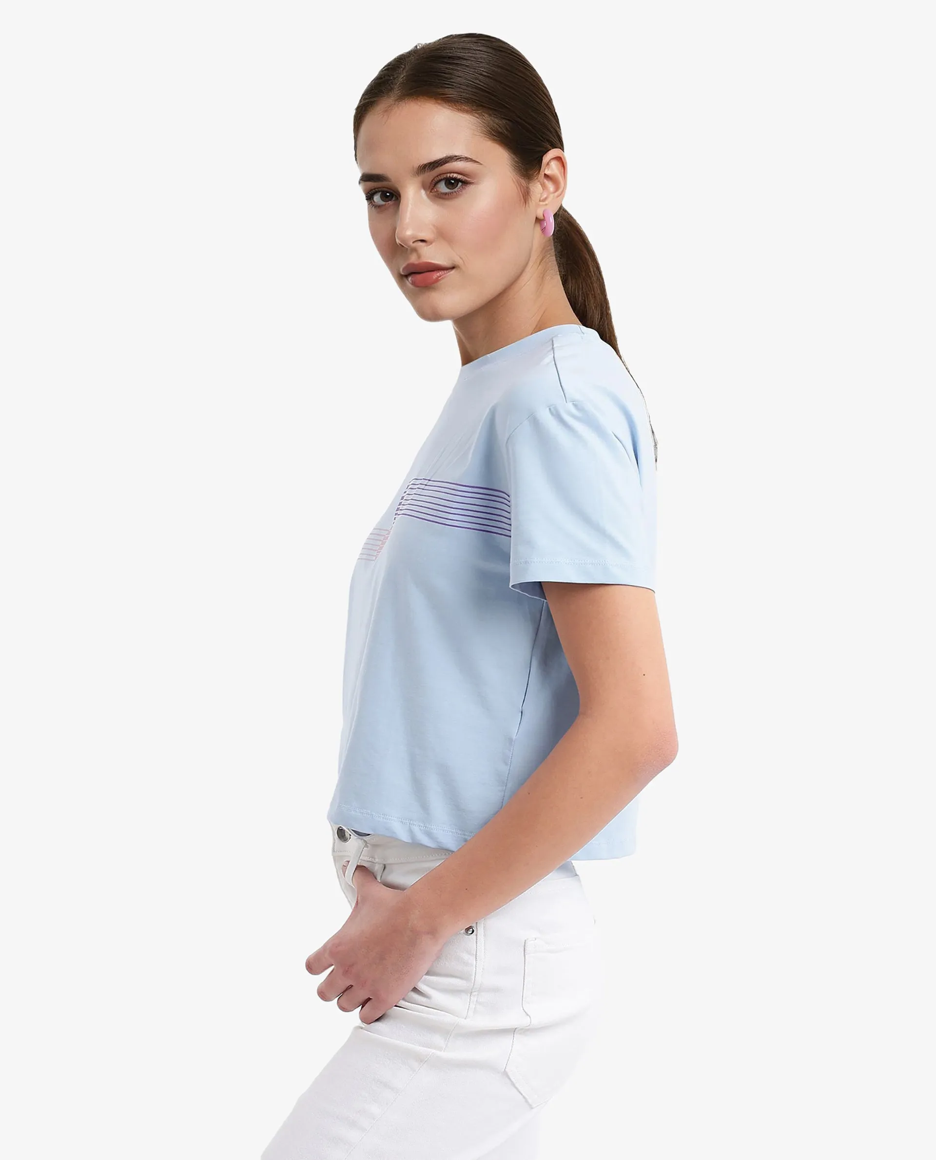 Rareism Women Kuncro Light Blue Cotton Elastane Fabric Crew Neck Knit Solid T-Shirt