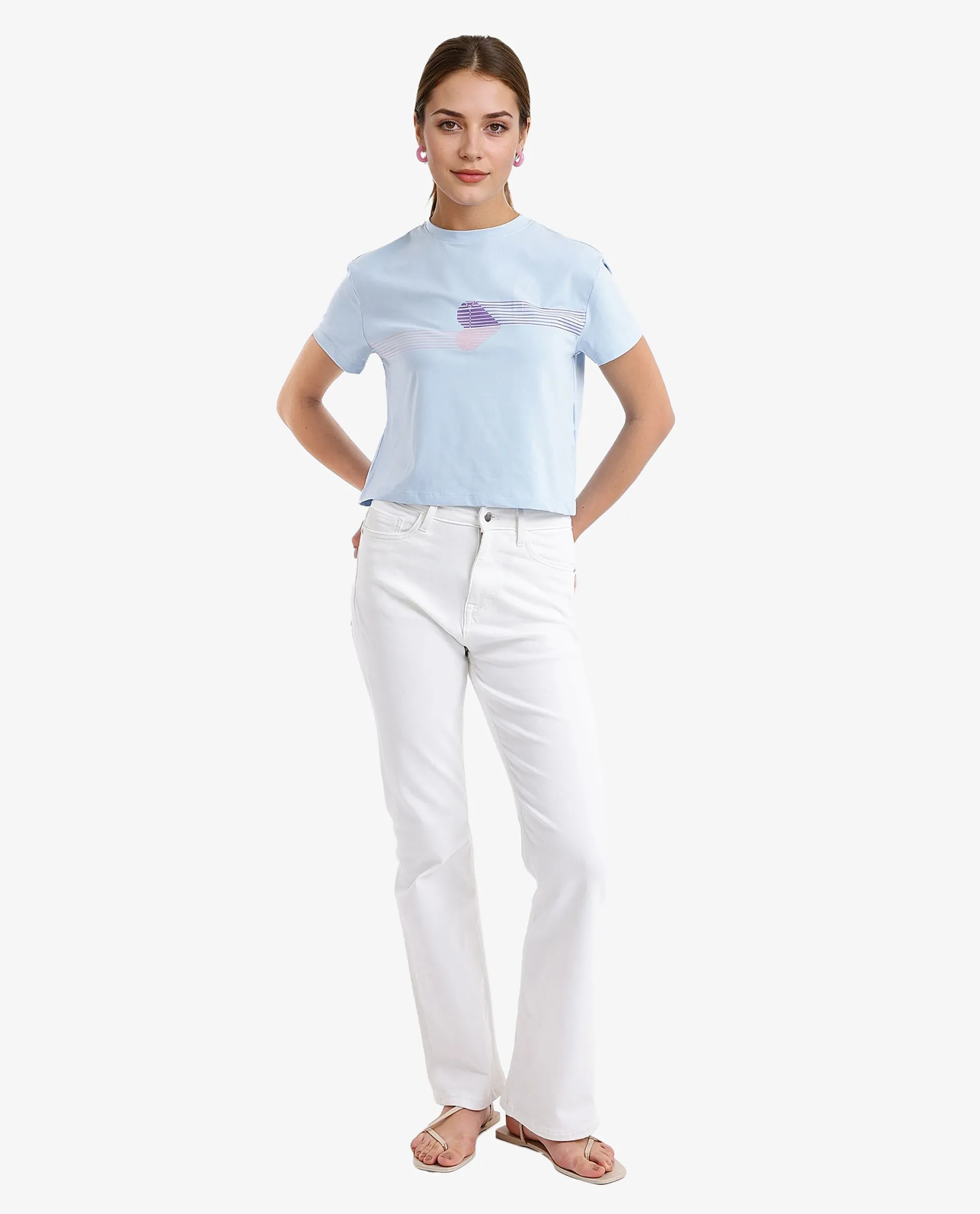 Rareism Women Kuncro Light Blue Cotton Elastane Fabric Crew Neck Knit Solid T-Shirt
