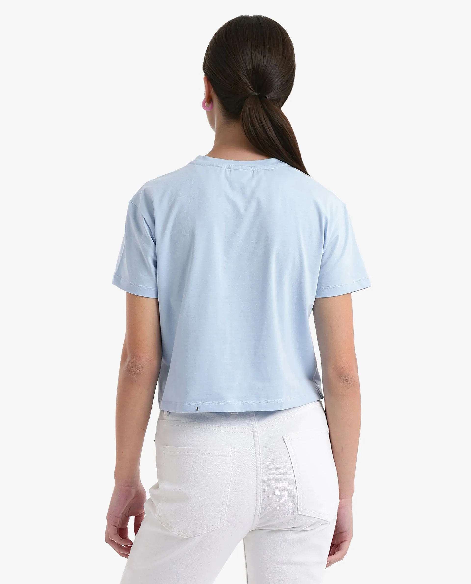 Rareism Women Kuncro Light Blue Cotton Elastane Fabric Crew Neck Knit Solid T-Shirt