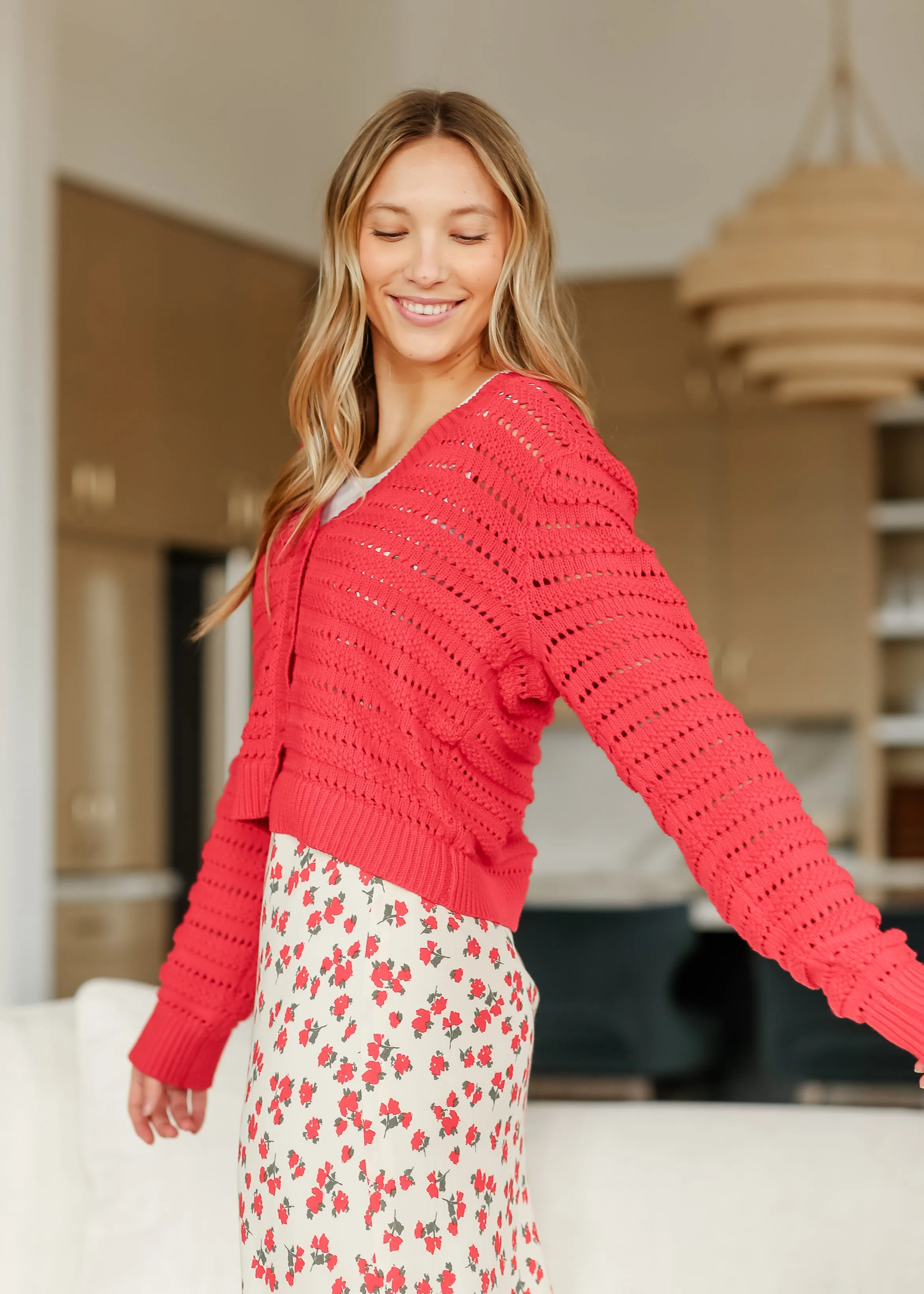 Romance Cherry Red Button Front Cardigan