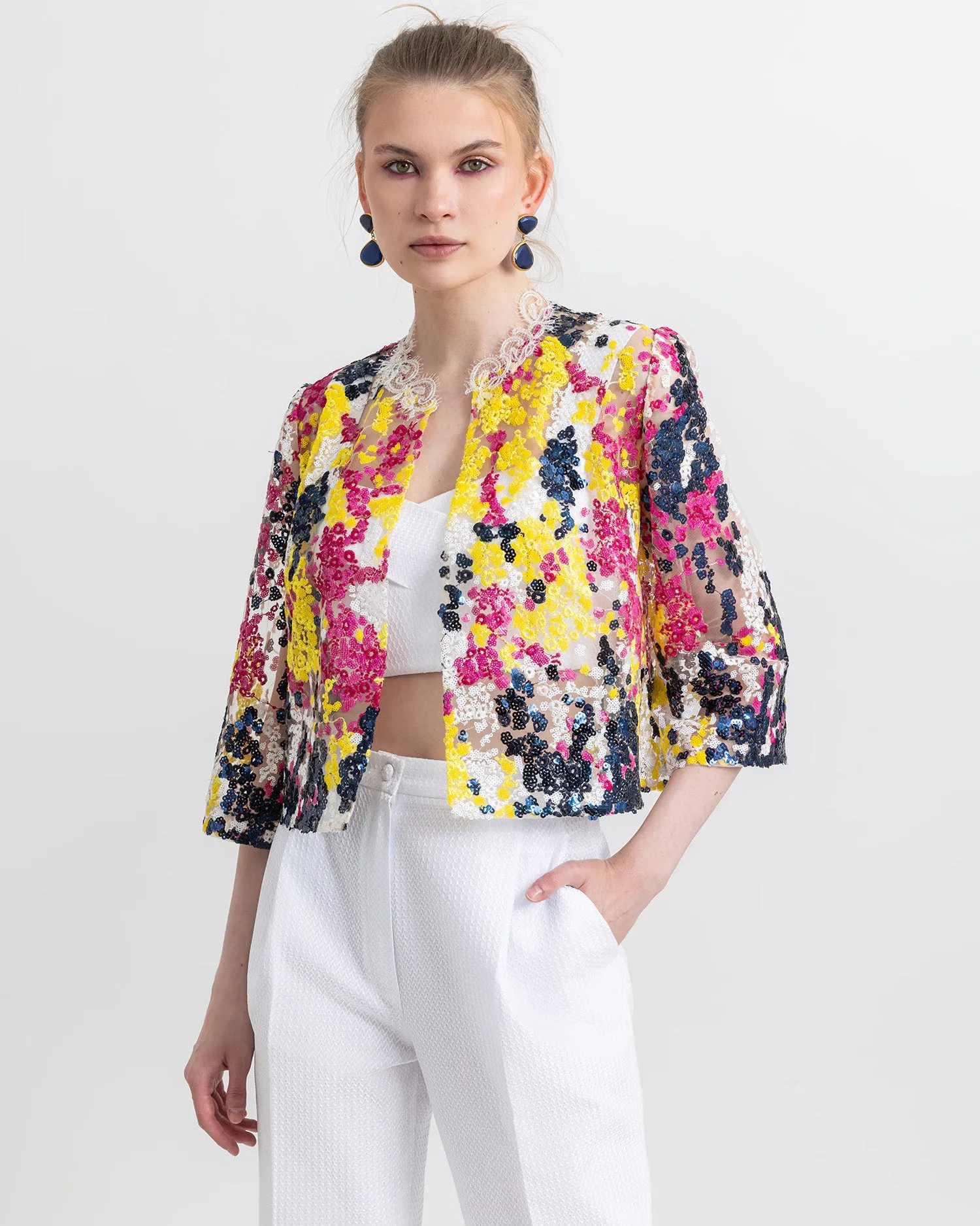 Sequins Jacket with a White Pants