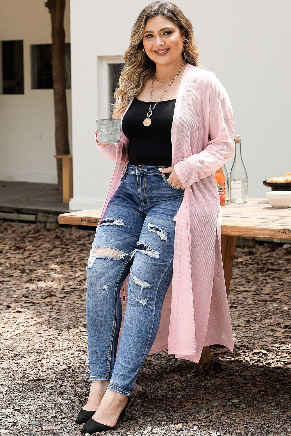 Sheer Knitted Long Plus Size Cardigan