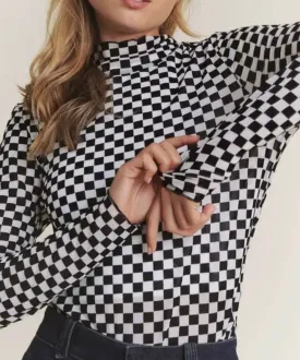 The Lillian Top: Checkered Mesh Long Sleeve Top