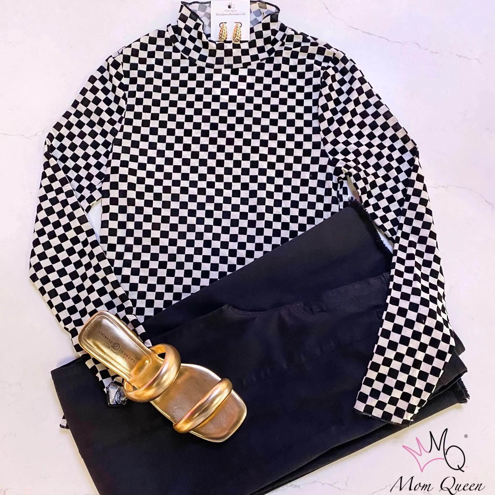 The Lillian Top: Checkered Mesh Long Sleeve Top