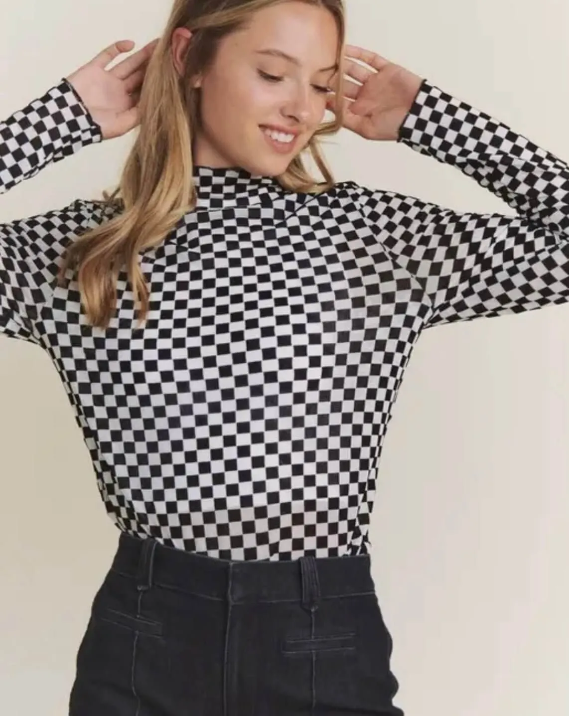 The Lillian Top: Checkered Mesh Long Sleeve Top