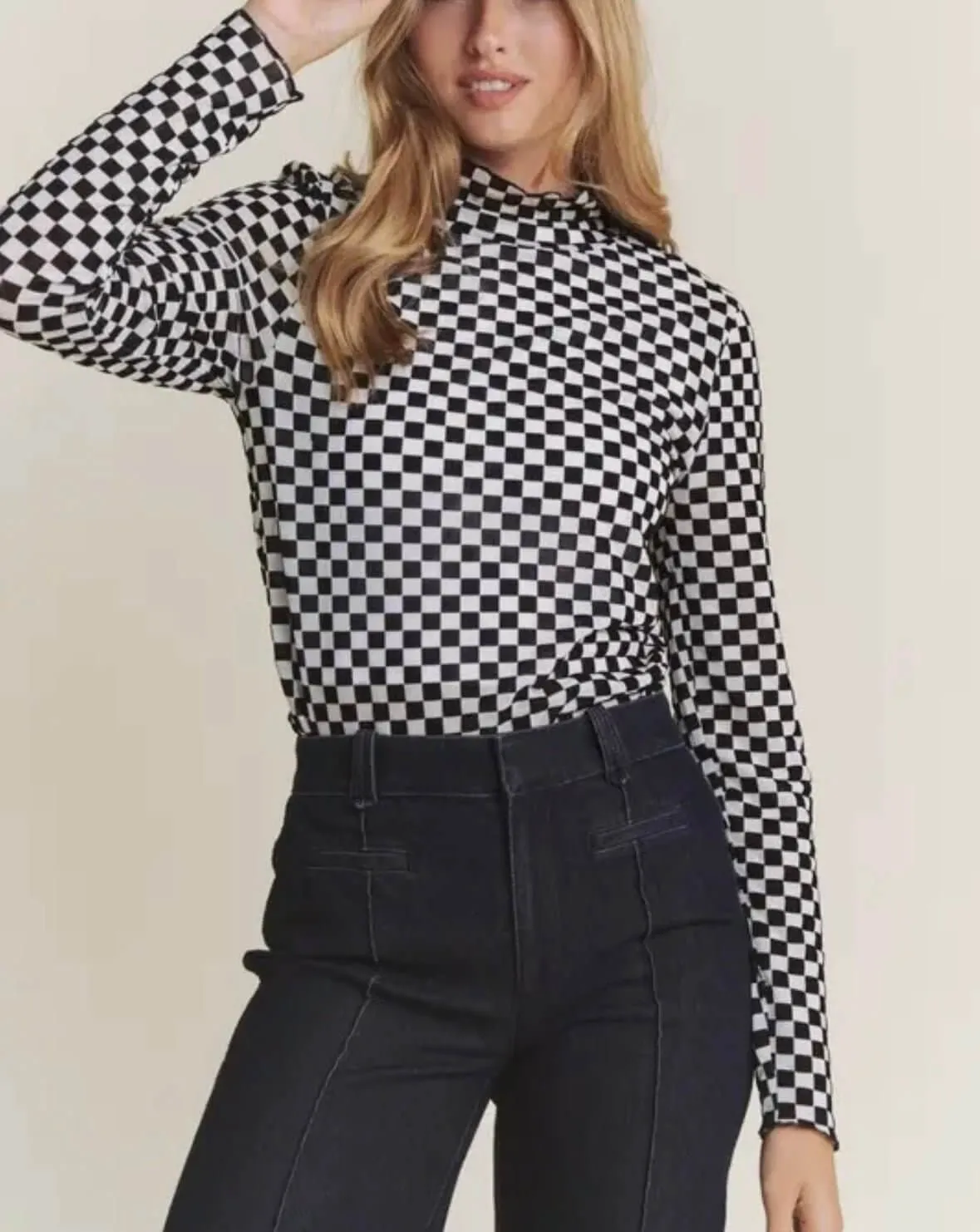 The Lillian Top: Checkered Mesh Long Sleeve Top