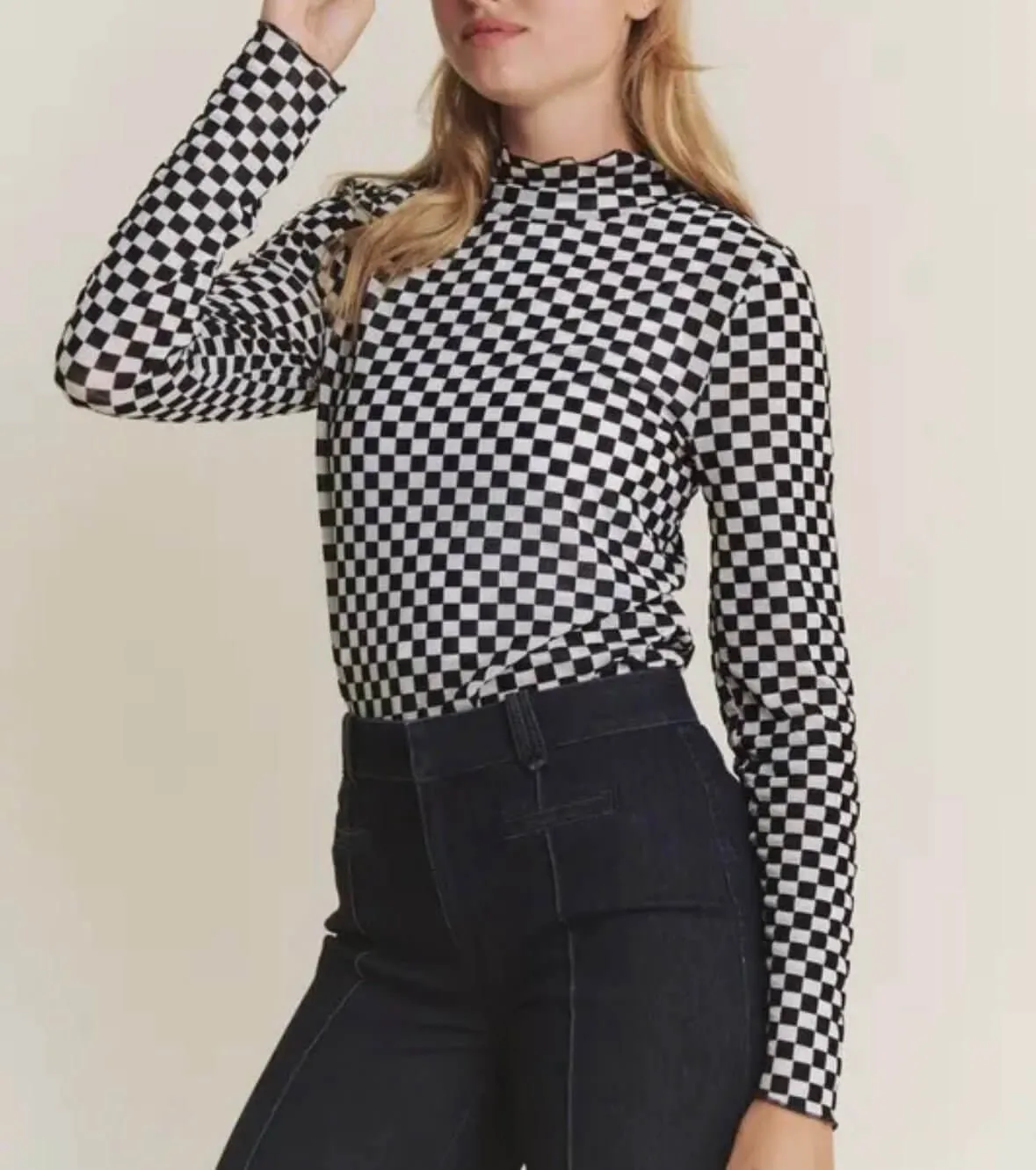 The Lillian Top: Checkered Mesh Long Sleeve Top