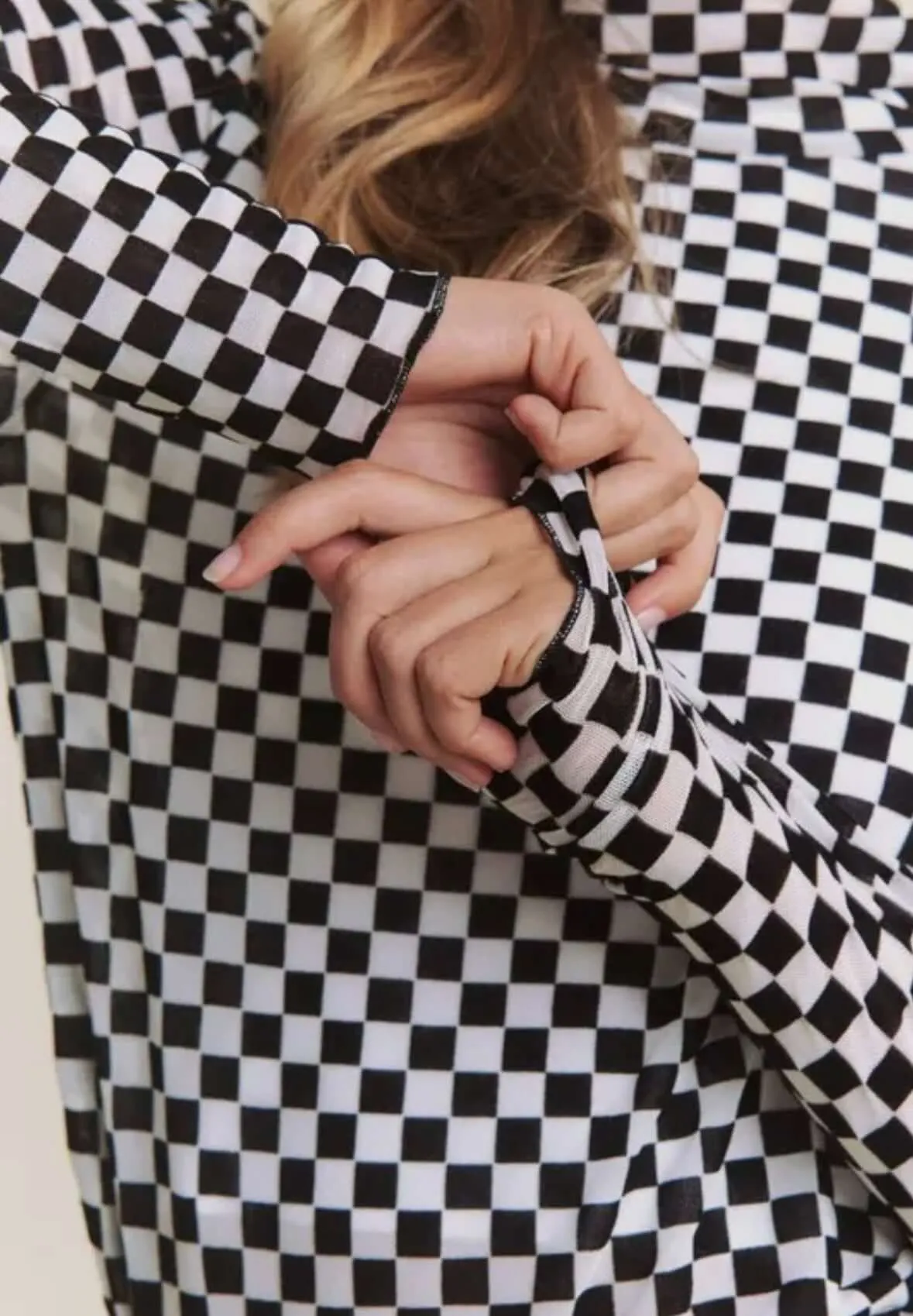 The Lillian Top: Checkered Mesh Long Sleeve Top