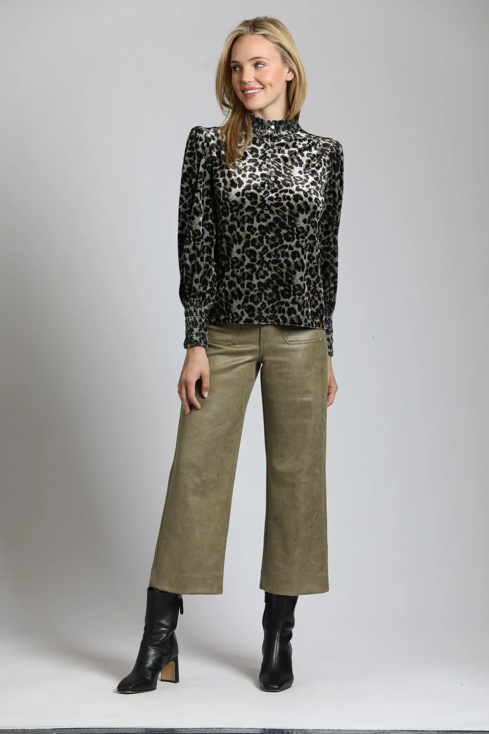 Vegan Leather Wide Leg Pant- Olive