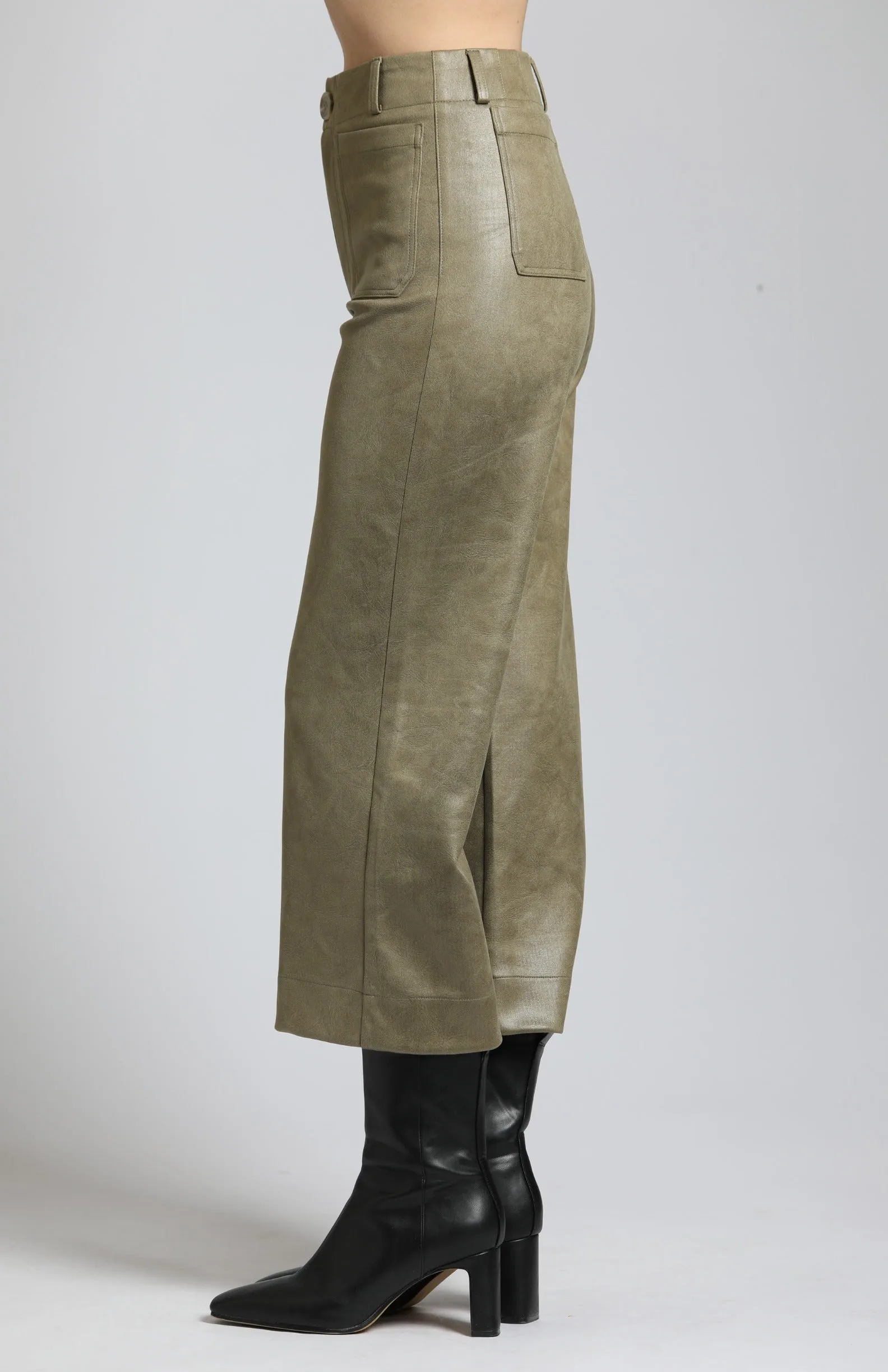 Vegan Leather Wide Leg Pant- Olive