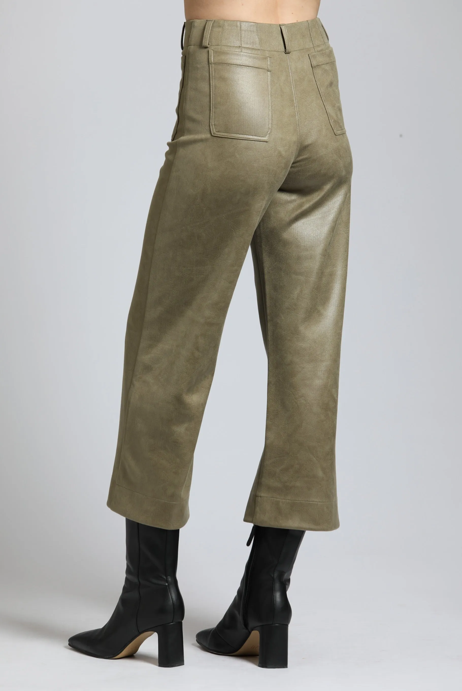 Vegan Leather Wide Leg Pant- Olive