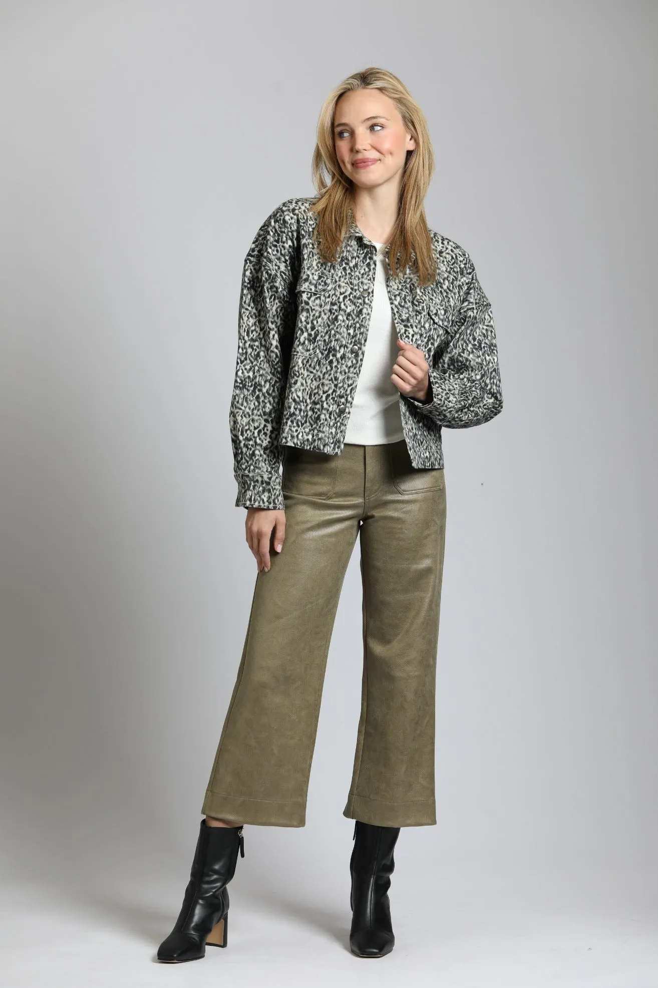 Vegan Leather Wide Leg Pant- Olive