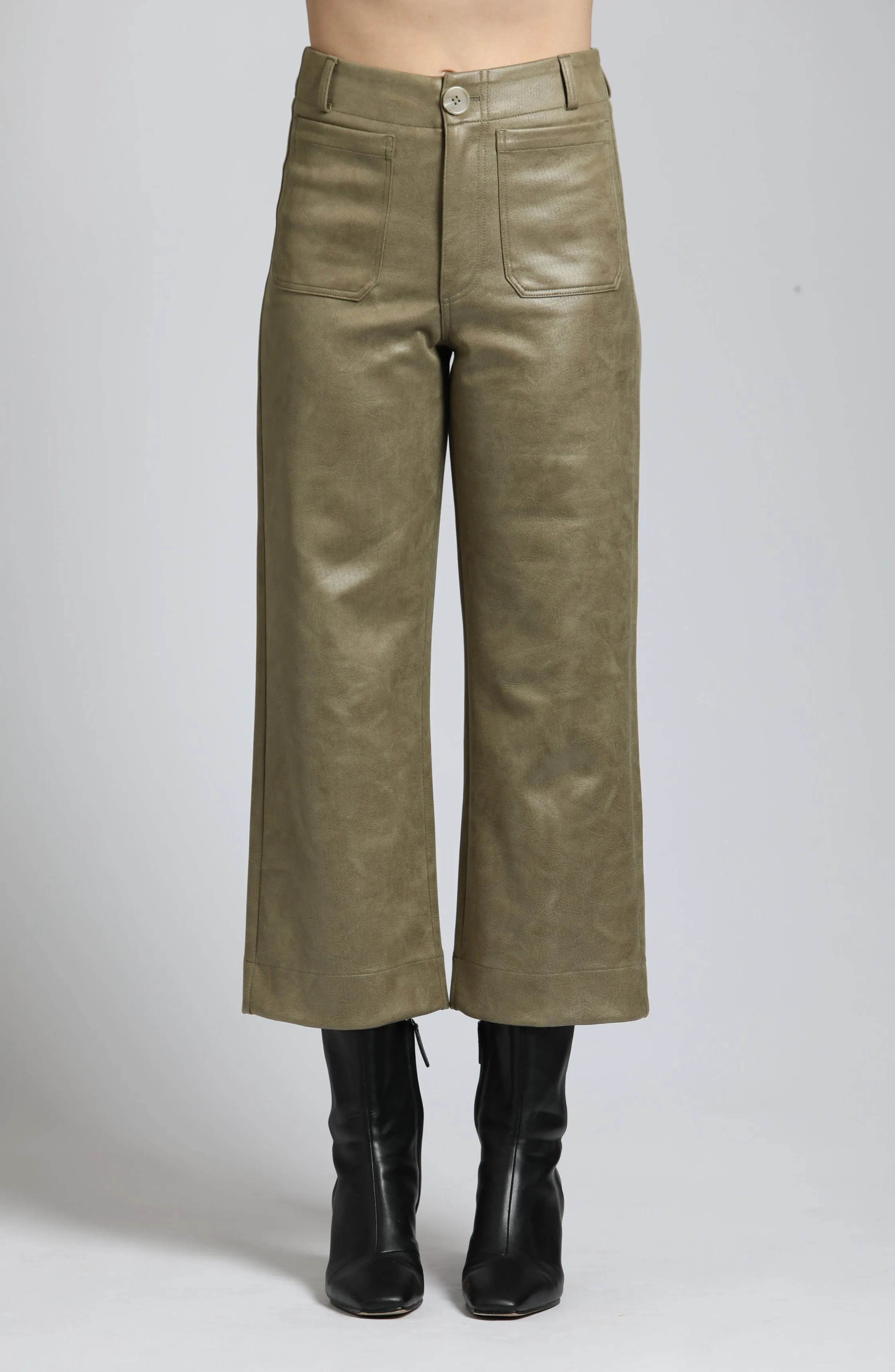 Vegan Leather Wide Leg Pant- Olive
