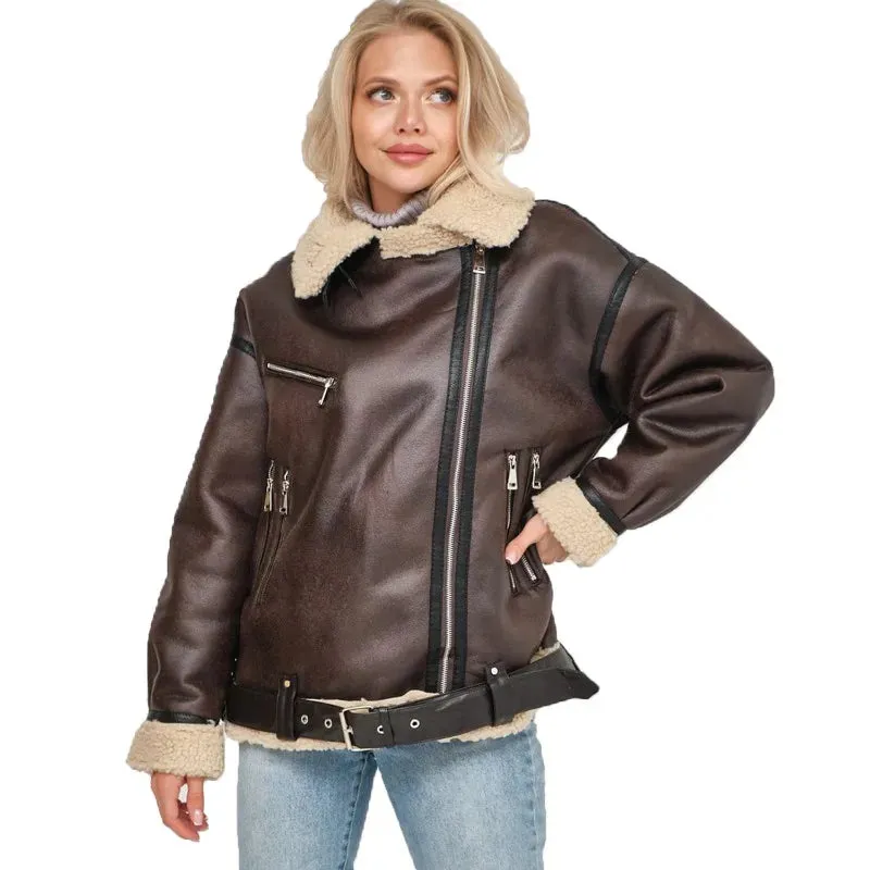 Women Oversized Faux Leather Aviator Jacket with Sherpa Lining