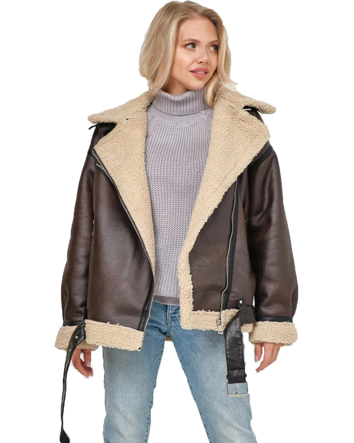 Women Oversized Faux Leather Aviator Jacket with Sherpa Lining