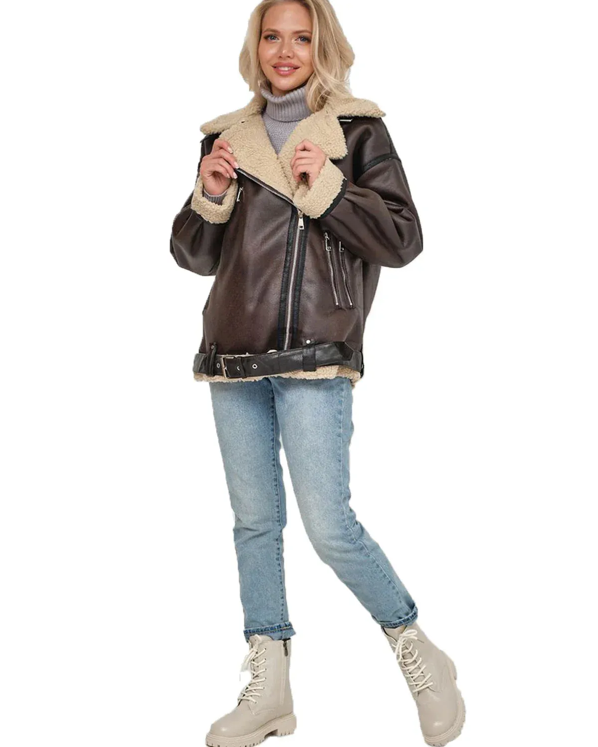 Women Oversized Faux Leather Aviator Jacket with Sherpa Lining