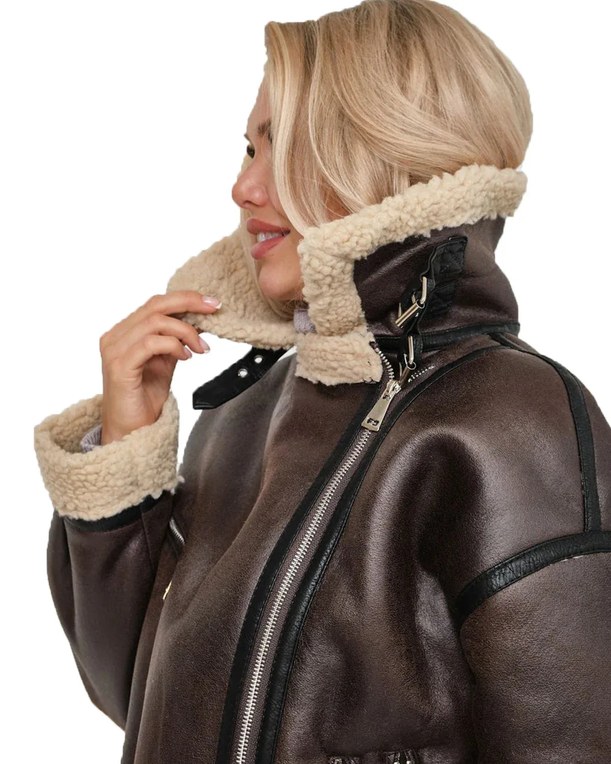Women Oversized Faux Leather Aviator Jacket with Sherpa Lining