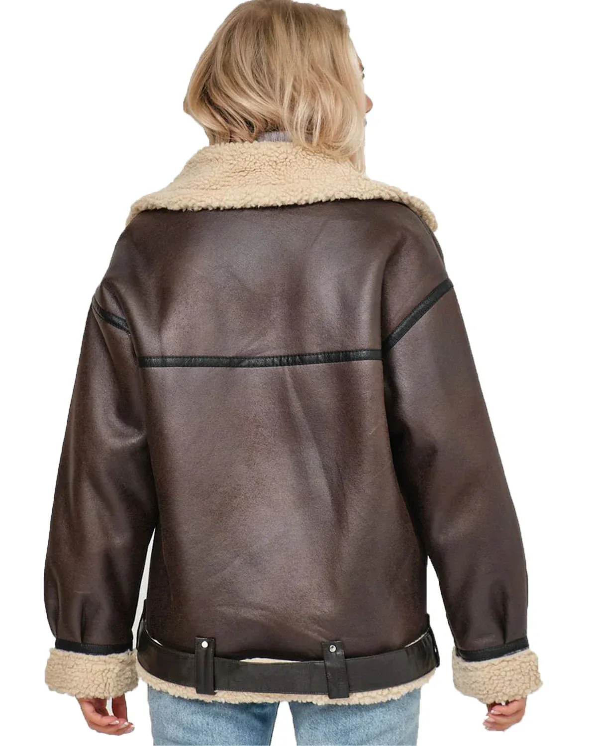 Women Oversized Faux Leather Aviator Jacket with Sherpa Lining
