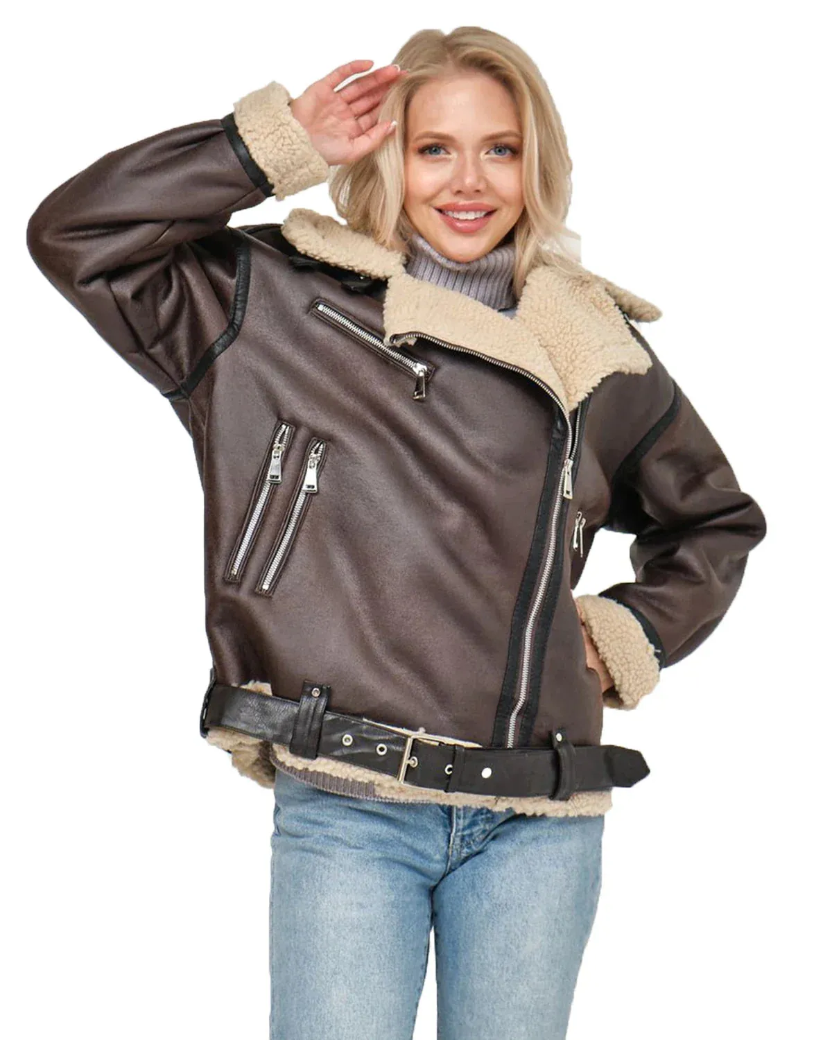 Women Oversized Faux Leather Aviator Jacket with Sherpa Lining