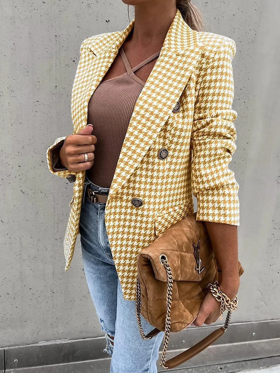Women's Blazers Houndstooth Print Lapel Button Slim Blazer
