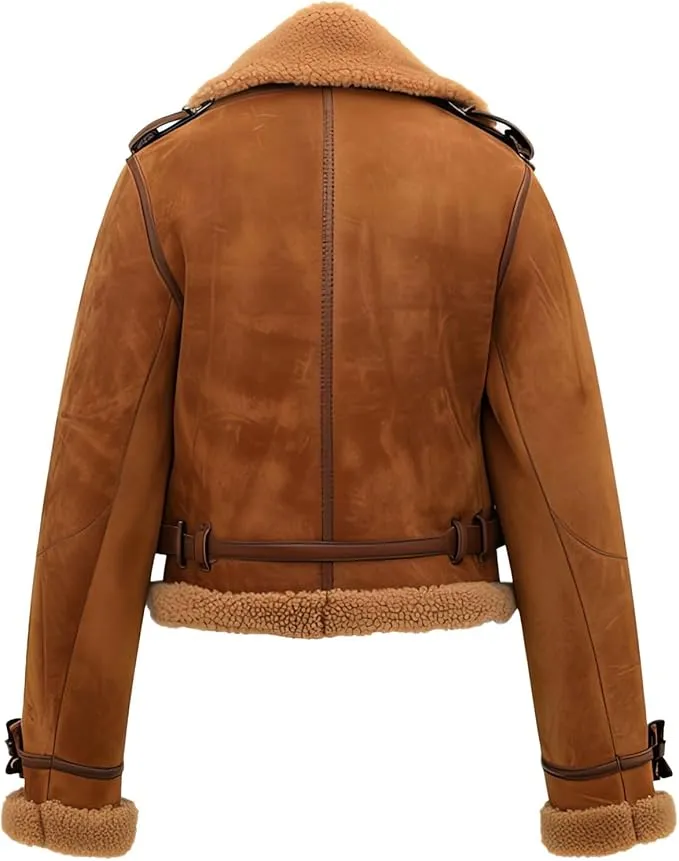 Women's Dark Brown Genuine Suede Faux Shearling Faux Fur Jacket
