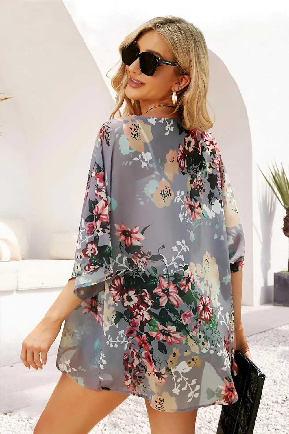 Women'S Floral Print Puff Sleeve Kimono Cardigan Loose Cover up Casual Blouse Tops