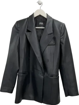 ZARA Black Double-breasted Faux Leather Blazer UK S